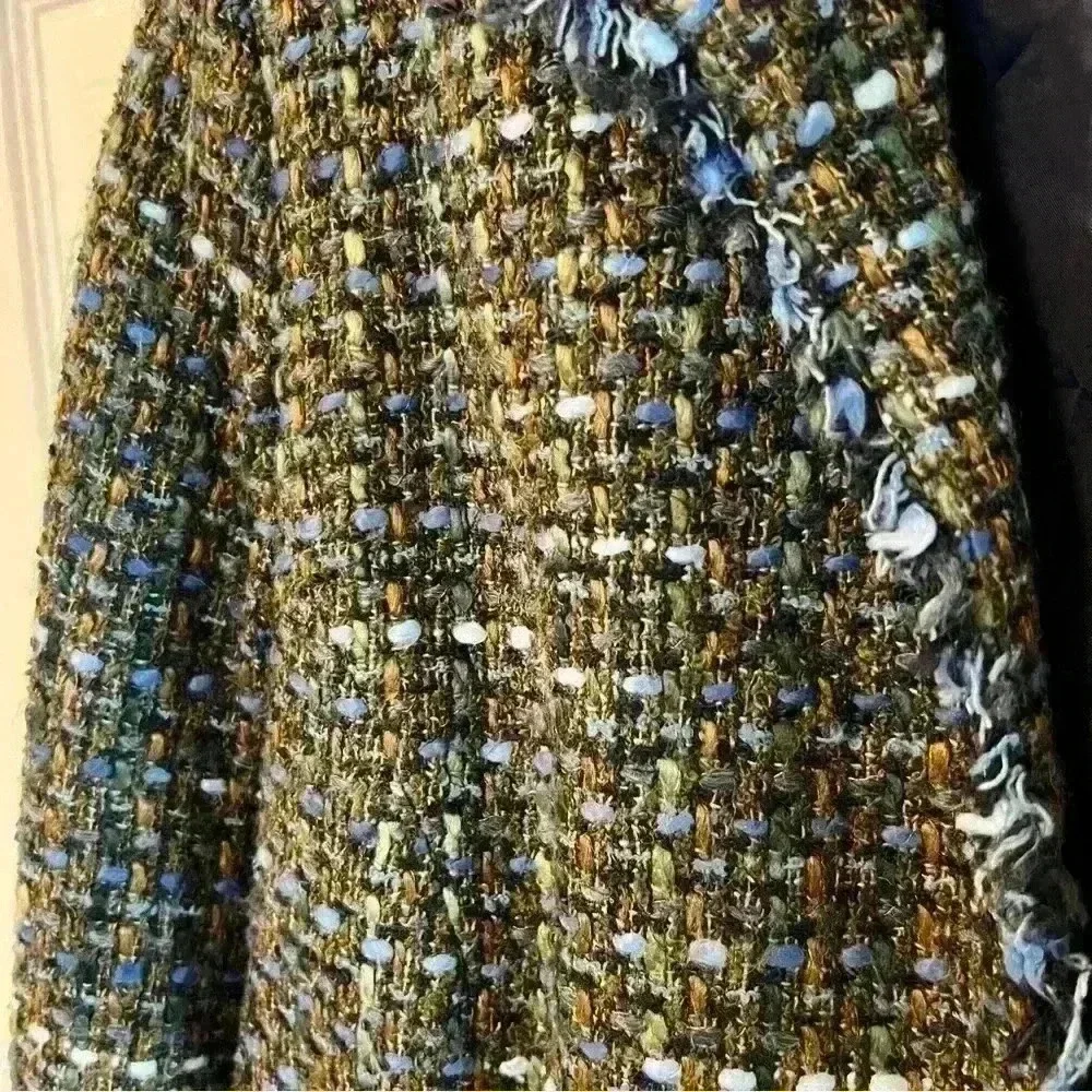 JohnPaulRichard Wool Blend Tweed Open Front Jacket in Black Blue Brown Size 12